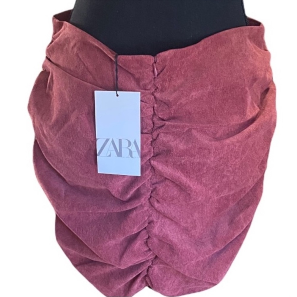 ZARA Runched Corduroy Mini Skirt Zip Back Size Large NWT Mauve / Dusty Rose